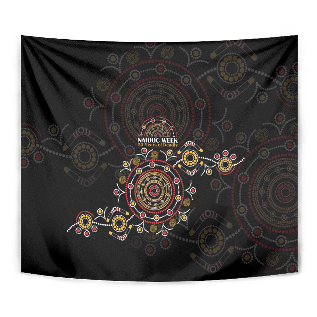 NAIDOC Deadly 50 Years Tapestry Aboriginal Black Gold Boomerang Art