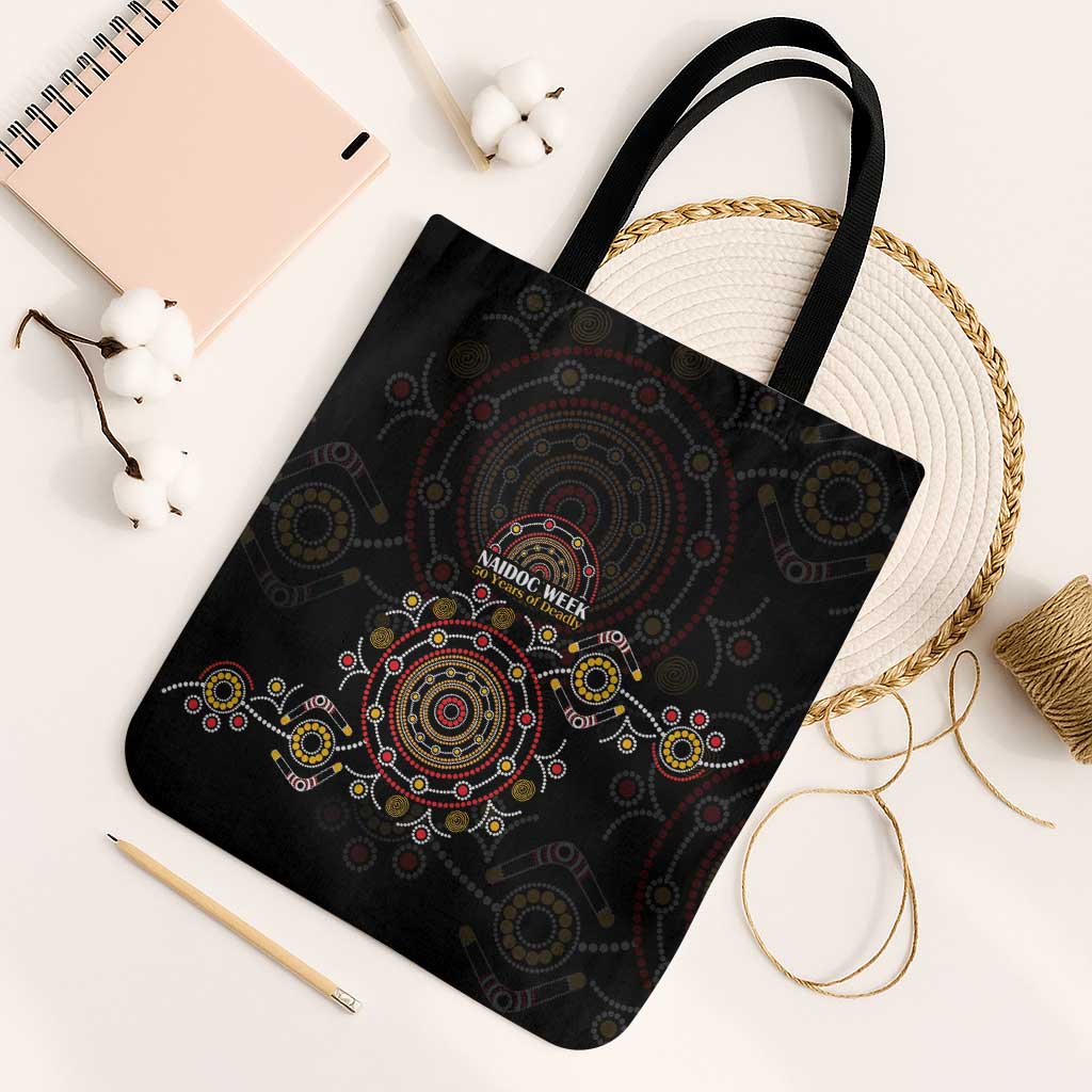 NAIDOC Deadly 50 Years Tote Bag Aboriginal Black Gold Boomerang Art
