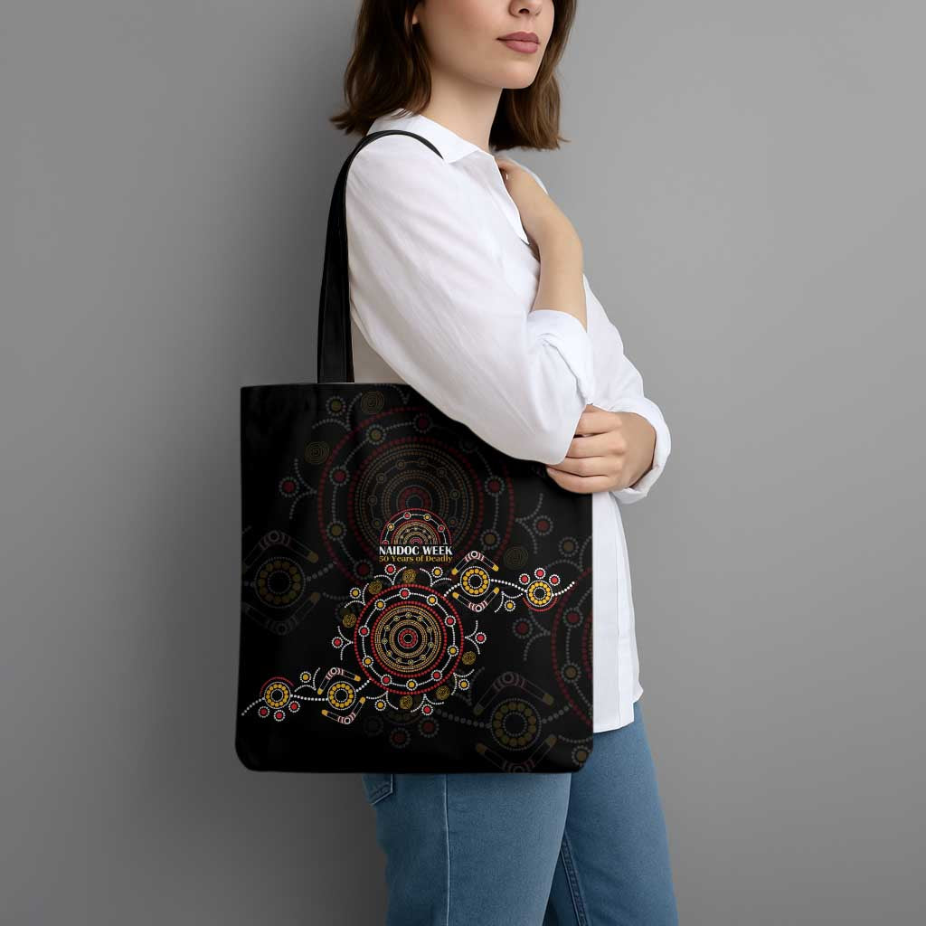 NAIDOC Deadly 50 Years Tote Bag Aboriginal Black Gold Boomerang Art