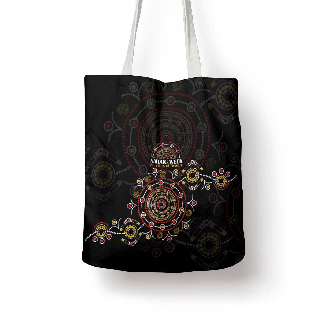 NAIDOC Deadly 50 Years Tote Bag Aboriginal Black Gold Boomerang Art
