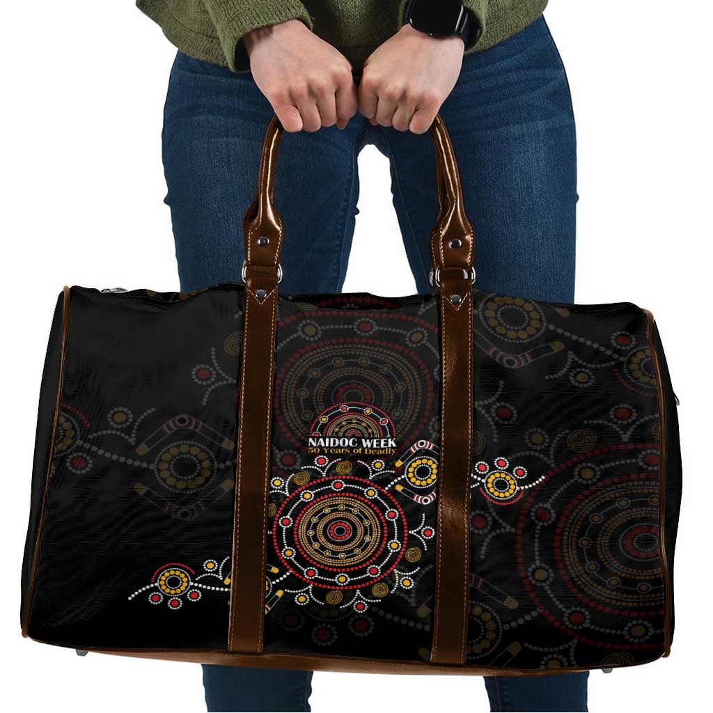 NAIDOC Deadly 50 Years Travel Bag Aboriginal Black Gold Boomerang Art