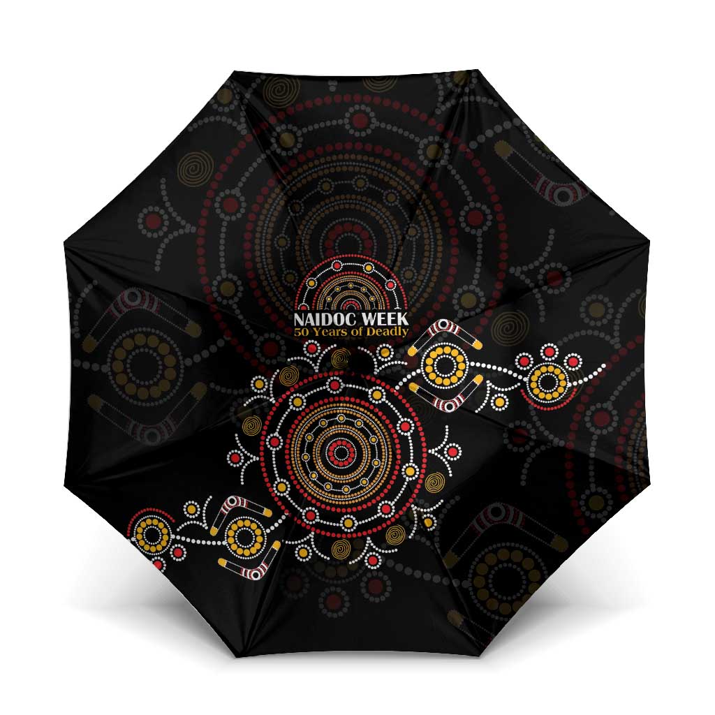 NAIDOC Deadly 50 Years Umbrella Aboriginal Black Gold Boomerang Art