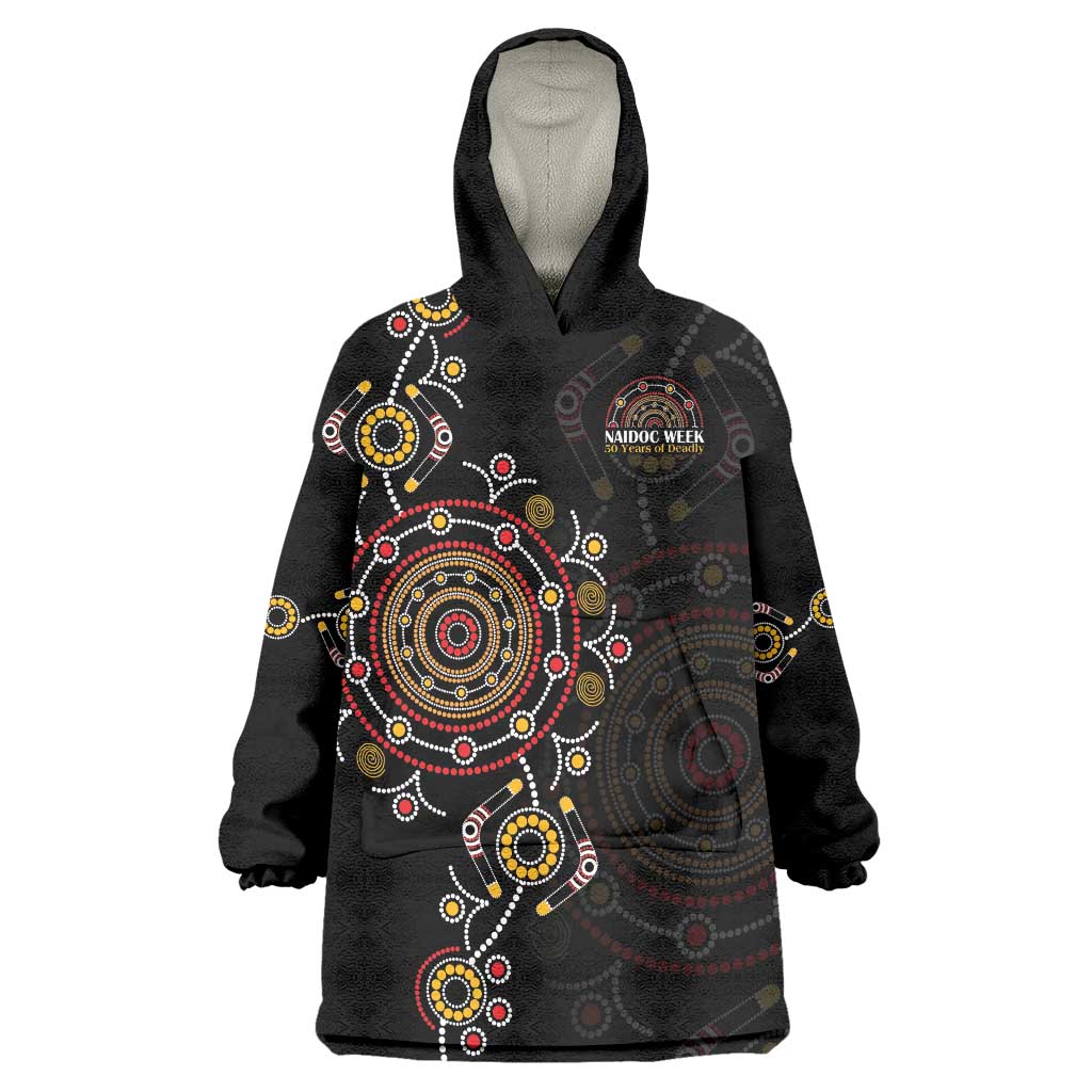 NAIDOC Deadly 50 Years Wearable Blanket Hoodie Aboriginal Black Gold Boomerang Art