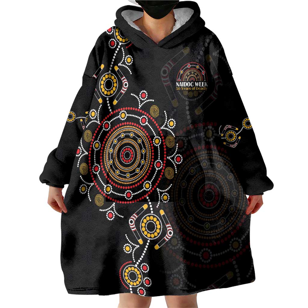 NAIDOC Deadly 50 Years Wearable Blanket Hoodie Aboriginal Black Gold Boomerang Art