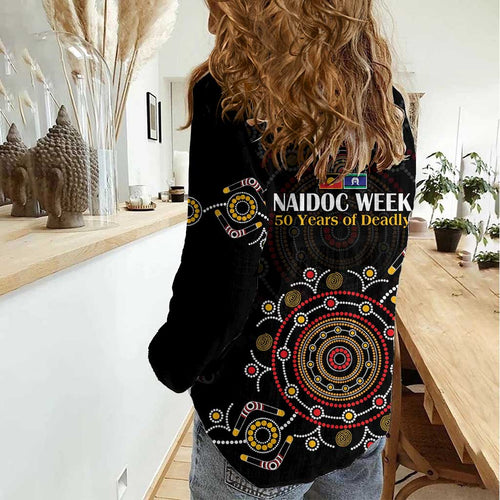 NAIDOC Deadly 50 Years Women Casual Shirt Aboriginal Black Gold Boomerang Art
