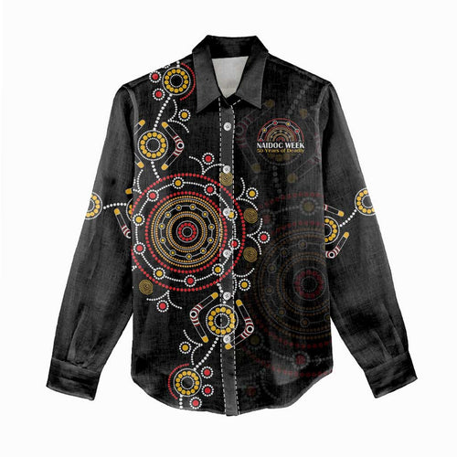 NAIDOC Deadly 50 Years Women Casual Shirt Aboriginal Black Gold Boomerang Art