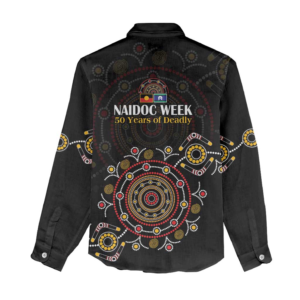 NAIDOC Deadly 50 Years Women Casual Shirt Aboriginal Black Gold Boomerang Art