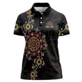 NAIDOC Deadly 50 Years Women Polo Shirt Aboriginal Black Gold Boomerang Art