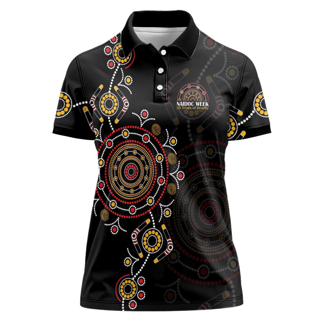 NAIDOC Deadly 50 Years Women Polo Shirt Aboriginal Black Gold Boomerang Art