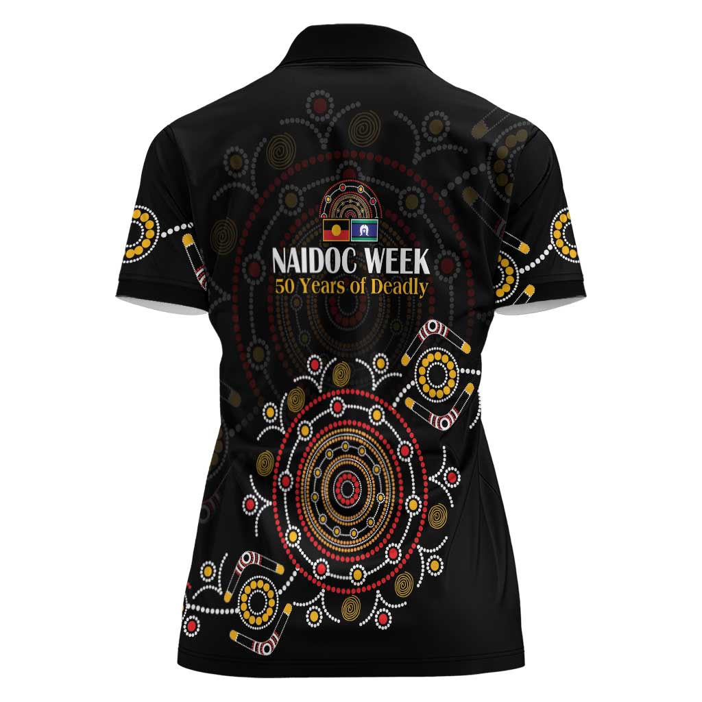 NAIDOC Deadly 50 Years Women Polo Shirt Aboriginal Black Gold Boomerang Art