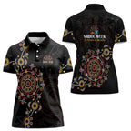 NAIDOC Deadly 50 Years Women Polo Shirt Aboriginal Black Gold Boomerang Art