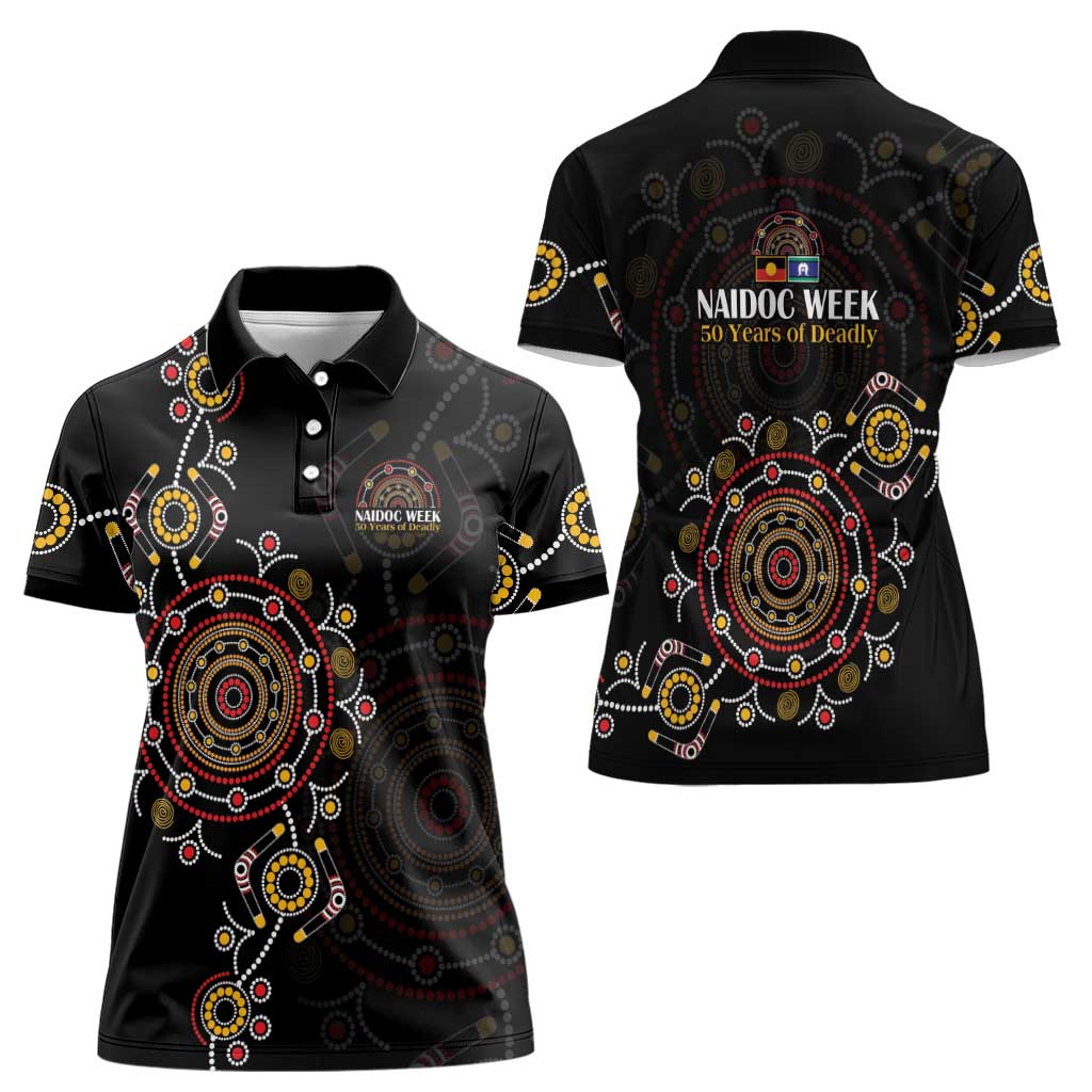 NAIDOC Deadly 50 Years Women Polo Shirt Aboriginal Black Gold Boomerang Art