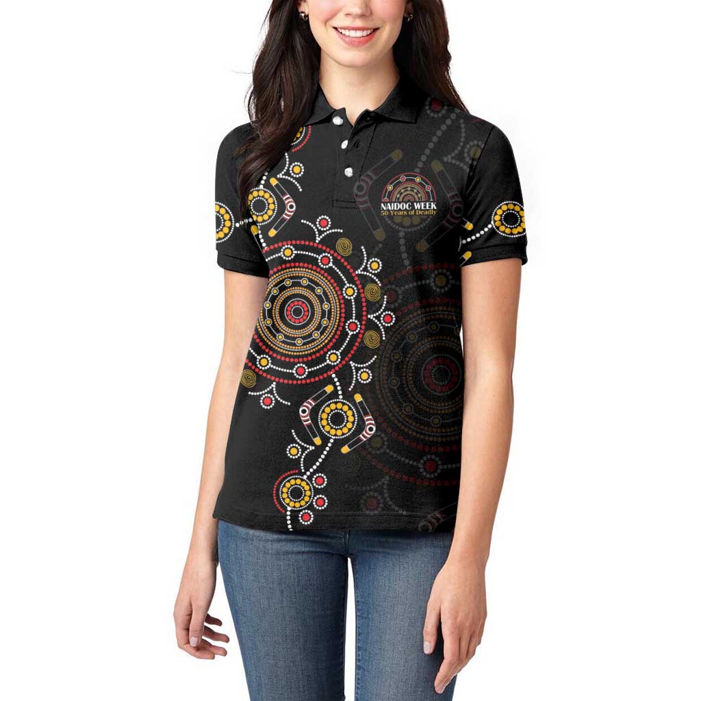 NAIDOC Deadly 50 Years Women Polo Shirt Aboriginal Black Gold Boomerang Art