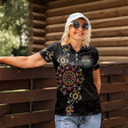 NAIDOC Deadly 50 Years Women Polo Shirt Aboriginal Black Gold Boomerang Art