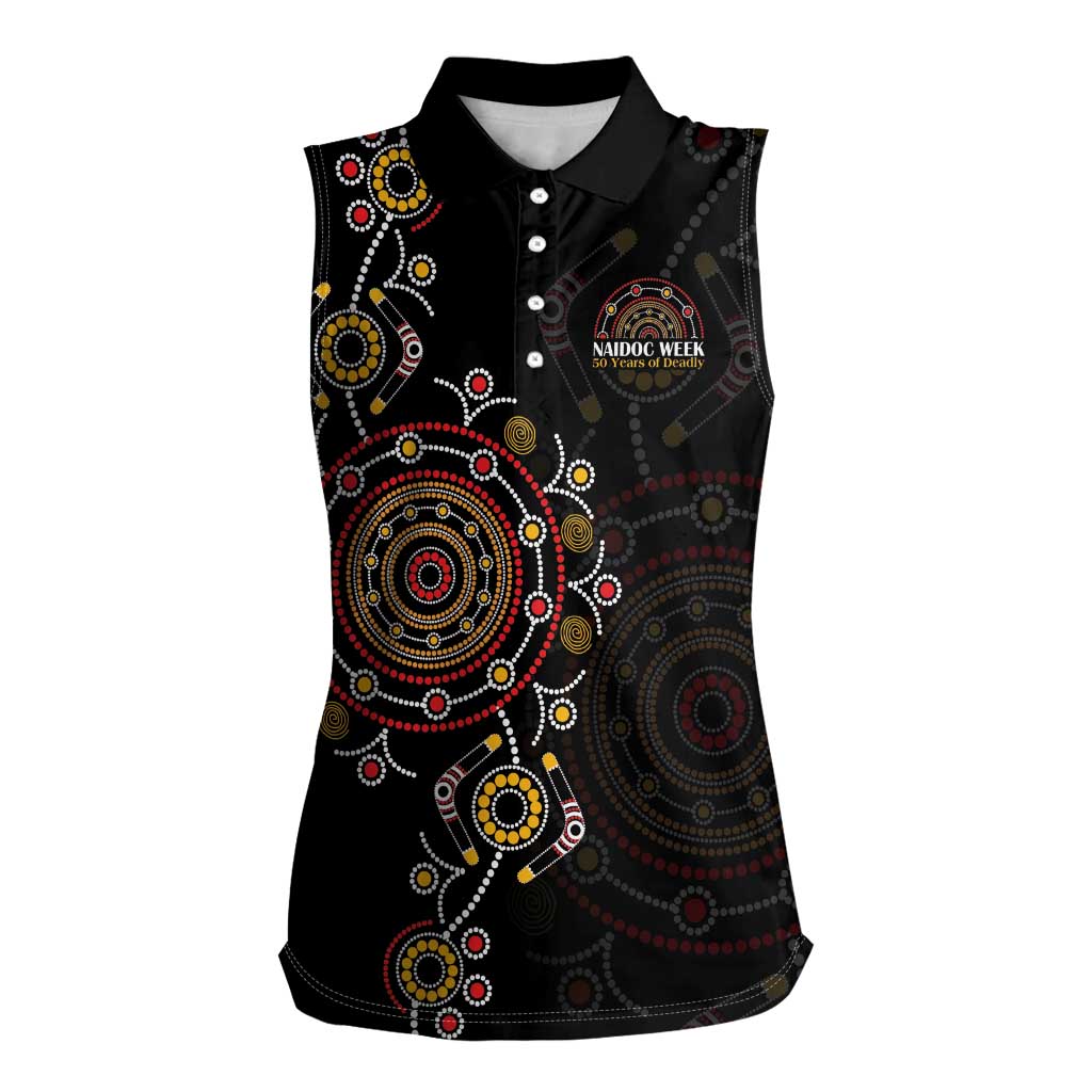 NAIDOC Deadly 50 Years Women Sleeveless Polo Shirt Aboriginal Black Gold Boomerang Art