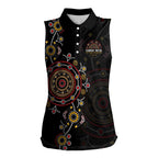 NAIDOC Deadly 50 Years Women Sleeveless Polo Shirt Aboriginal Black Gold Boomerang Art