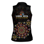 NAIDOC Deadly 50 Years Women Sleeveless Polo Shirt Aboriginal Black Gold Boomerang Art