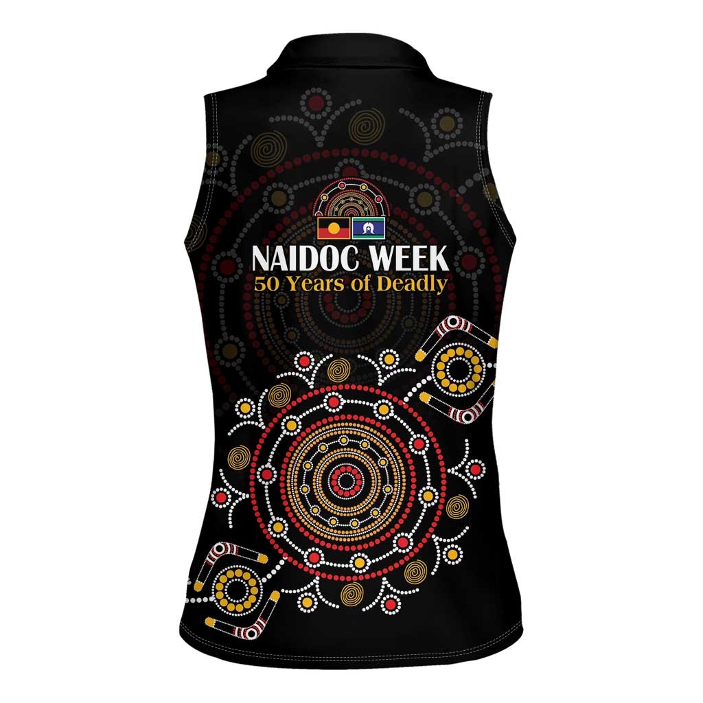 NAIDOC Deadly 50 Years Women Sleeveless Polo Shirt Aboriginal Black Gold Boomerang Art