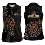 NAIDOC Deadly 50 Years Women Sleeveless Polo Shirt Aboriginal Black Gold Boomerang Art