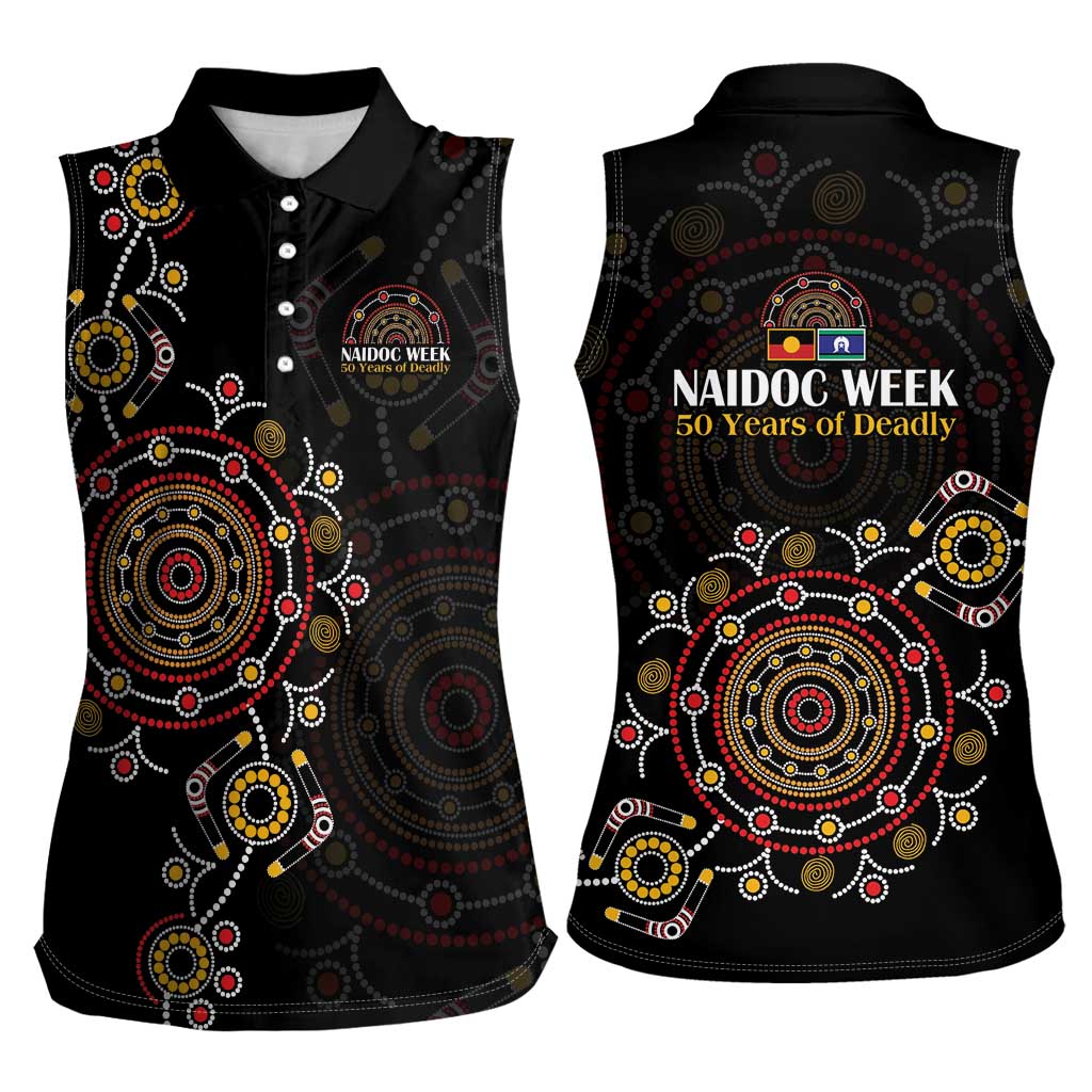 NAIDOC Deadly 50 Years Women Sleeveless Polo Shirt Aboriginal Black Gold Boomerang Art