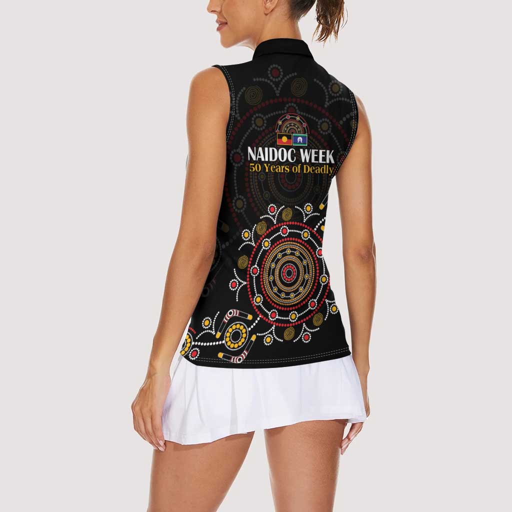 NAIDOC Deadly 50 Years Women Sleeveless Polo Shirt Aboriginal Black Gold Boomerang Art
