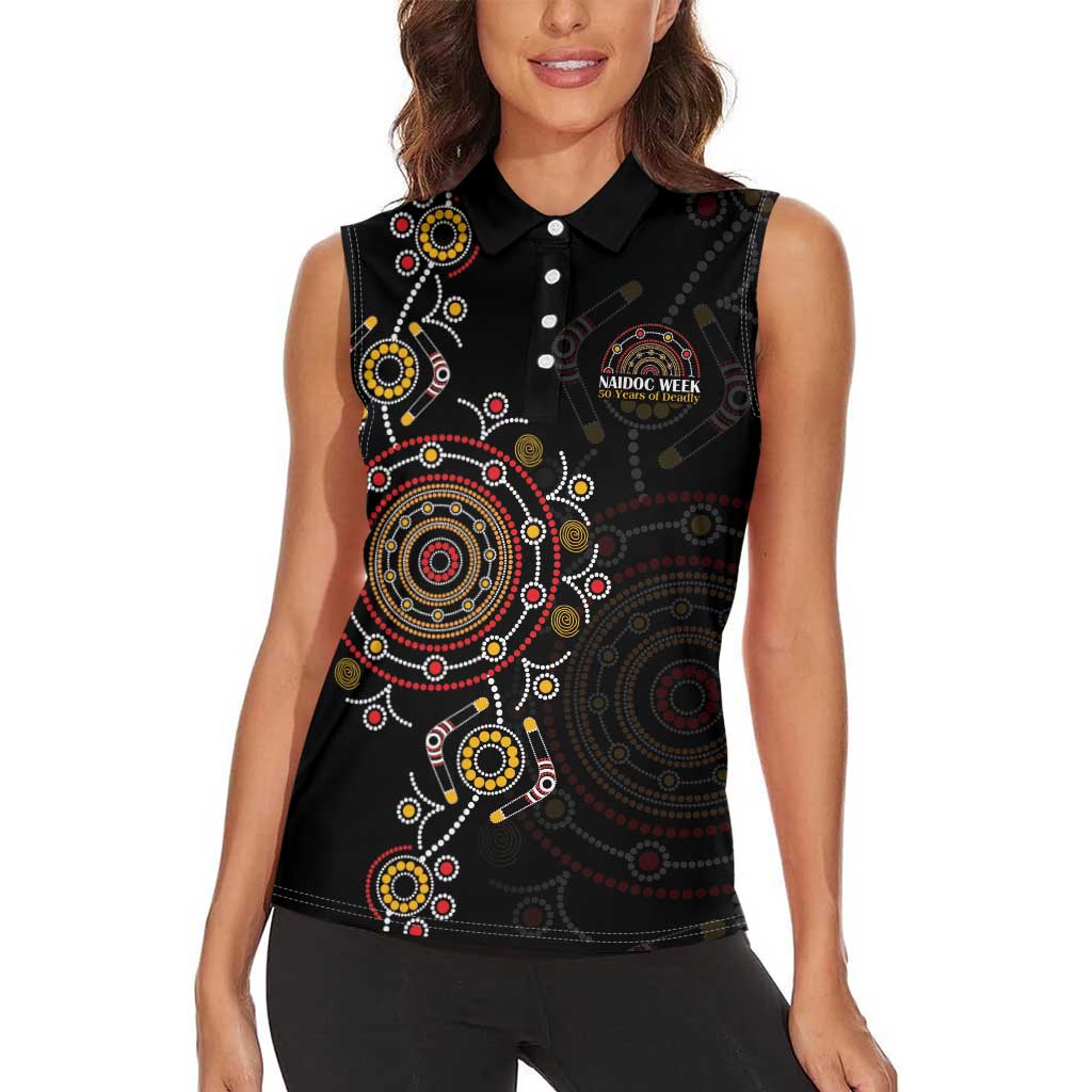 NAIDOC Deadly 50 Years Women Sleeveless Polo Shirt Aboriginal Black Gold Boomerang Art