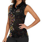 NAIDOC Deadly 50 Years Women Sleeveless Polo Shirt Aboriginal Black Gold Boomerang Art