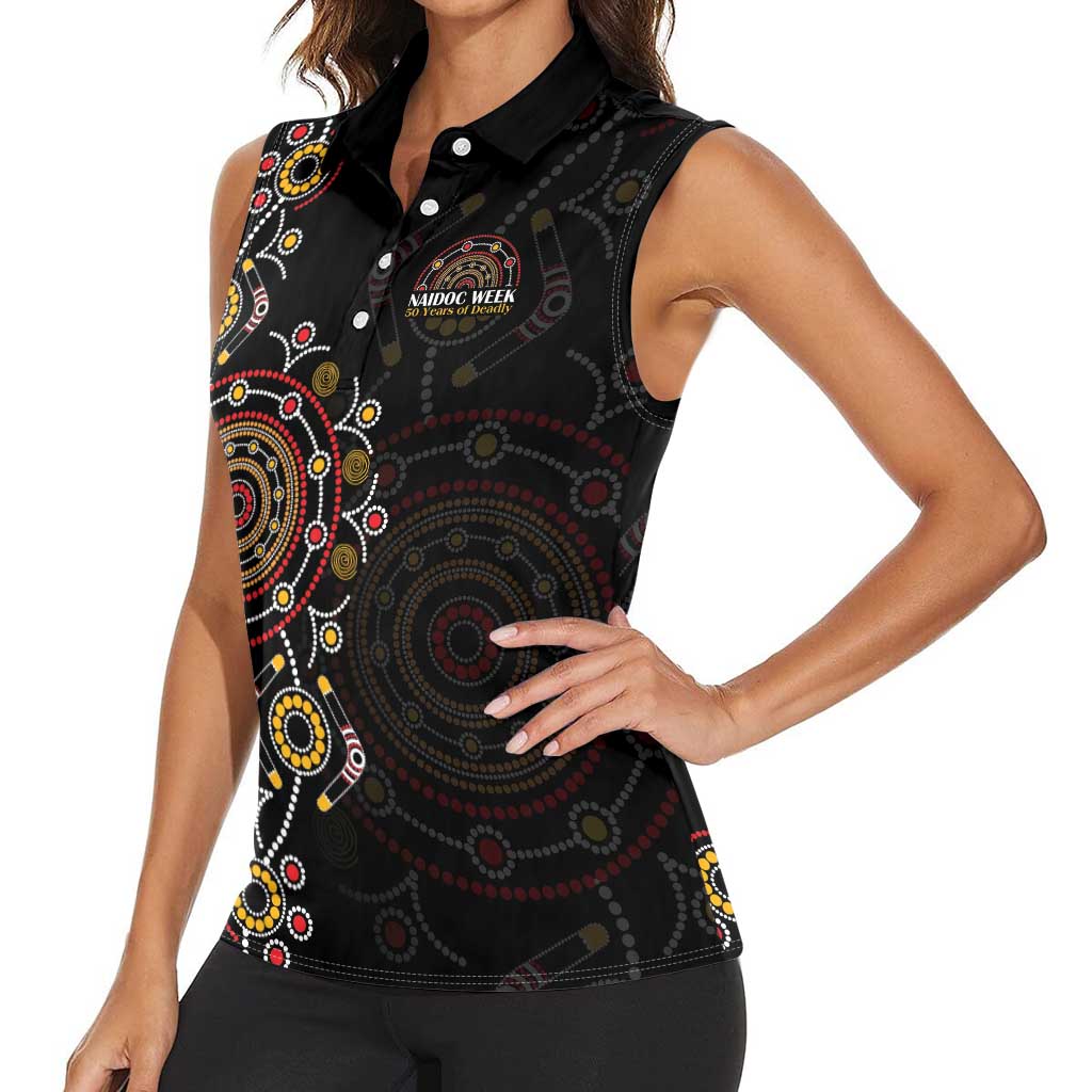 NAIDOC Deadly 50 Years Women Sleeveless Polo Shirt Aboriginal Black Gold Boomerang Art