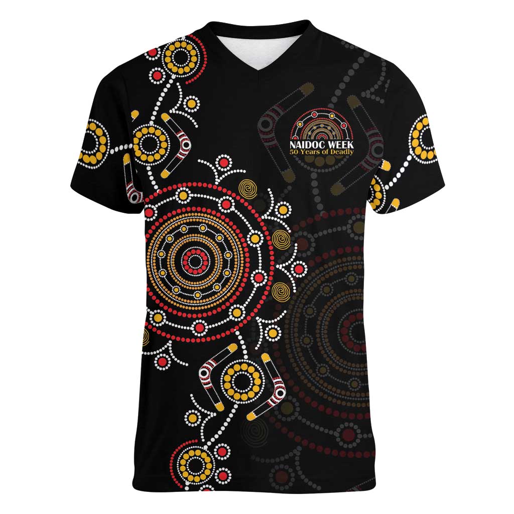 NAIDOC Deadly 50 Years Women V-Neck T-Shirt Aboriginal Black Gold Boomerang Art