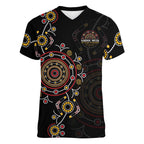 NAIDOC Deadly 50 Years Women V-Neck T-Shirt Aboriginal Black Gold Boomerang Art