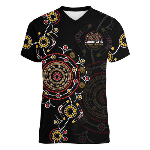 NAIDOC Deadly 50 Years Women V-Neck T-Shirt Aboriginal Black Gold Boomerang Art