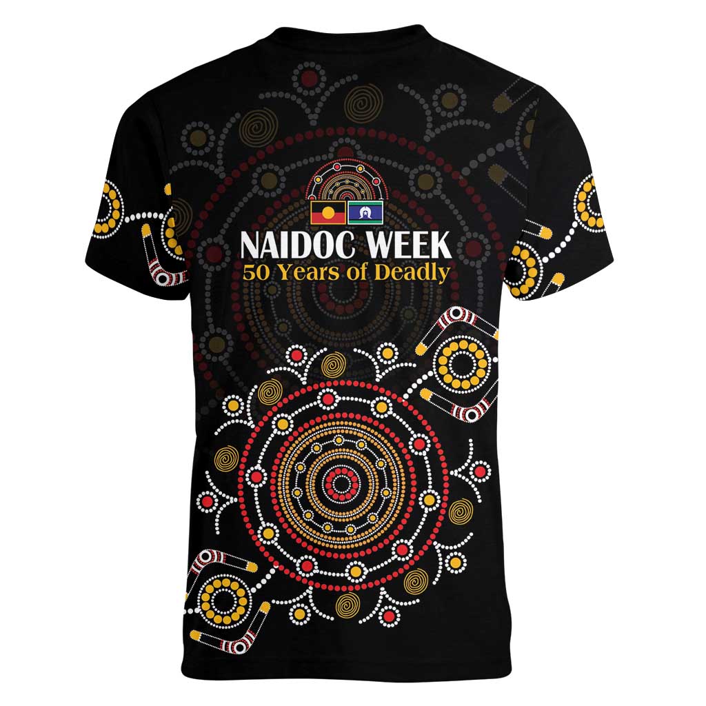 NAIDOC Deadly 50 Years Women V-Neck T-Shirt Aboriginal Black Gold Boomerang Art