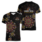 NAIDOC Deadly 50 Years Women V-Neck T-Shirt Aboriginal Black Gold Boomerang Art