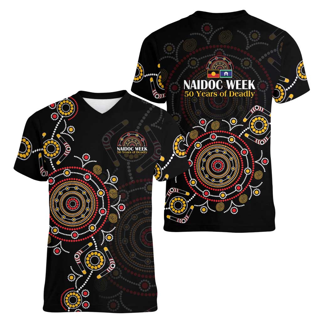 NAIDOC Deadly 50 Years Women V-Neck T-Shirt Aboriginal Black Gold Boomerang Art