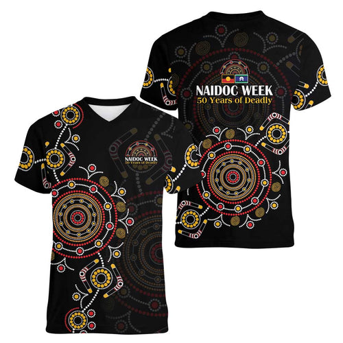 NAIDOC Deadly 50 Years Women V-Neck T-Shirt Aboriginal Black Gold Boomerang Art