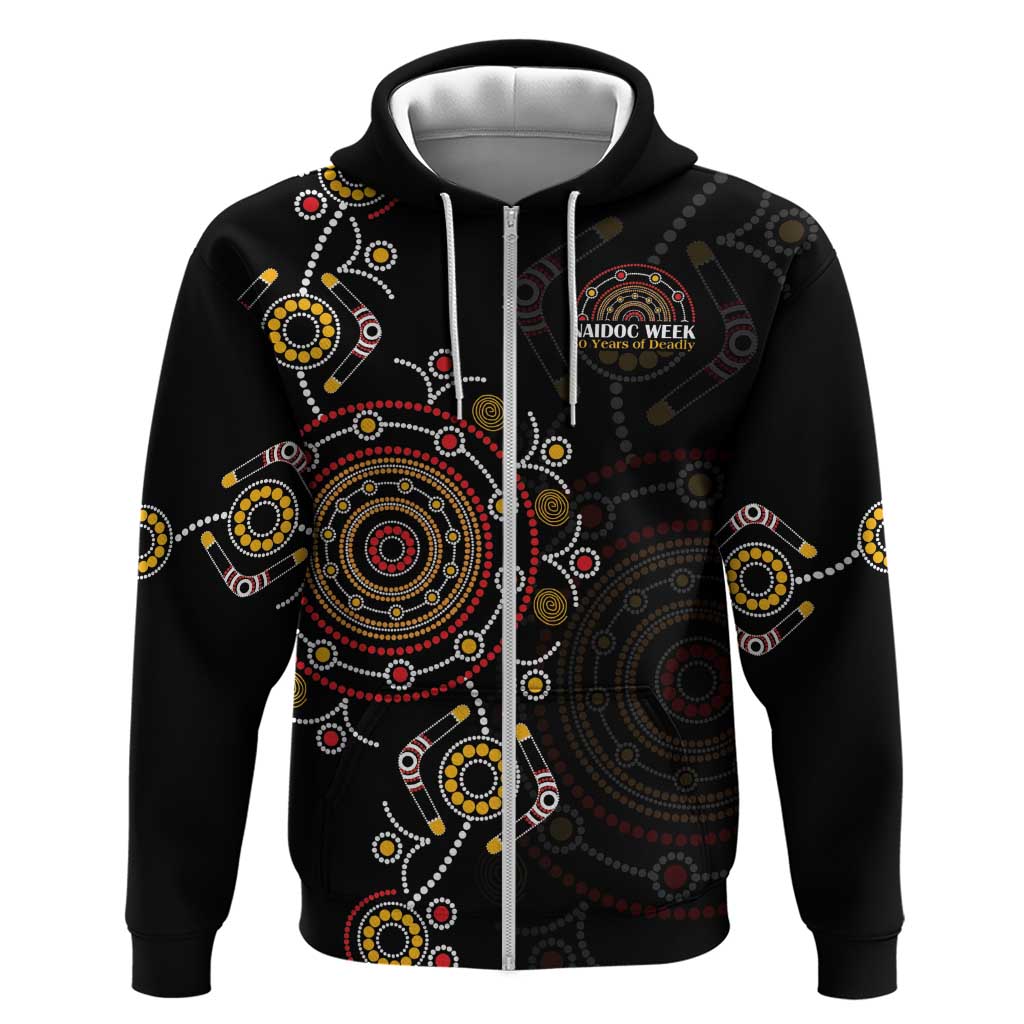 NAIDOC Deadly 50 Years Zip Hoodie Aboriginal Black Gold Boomerang Art