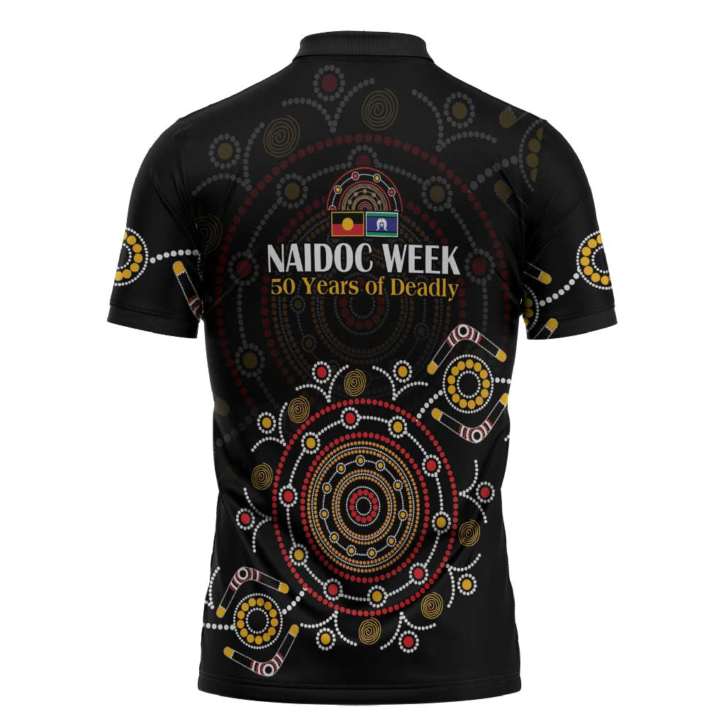 NAIDOC Deadly 50 Years Zipper Polo Shirt Aboriginal Black Gold Boomerang Art