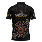 NAIDOC Deadly 50 Years Zipper Polo Shirt Aboriginal Black Gold Boomerang Art