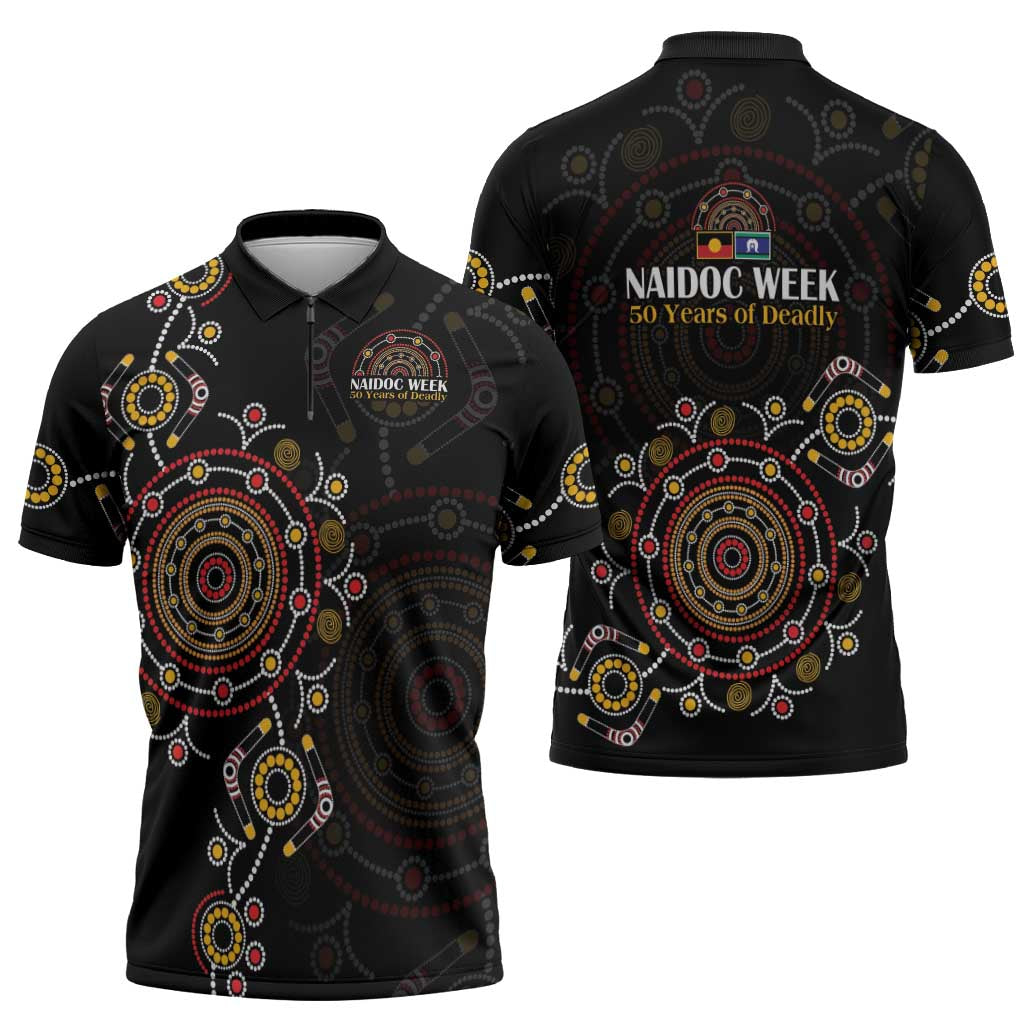NAIDOC Deadly 50 Years Zipper Polo Shirt Aboriginal Black Gold Boomerang Art