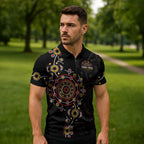 NAIDOC Deadly 50 Years Zipper Polo Shirt Aboriginal Black Gold Boomerang Art