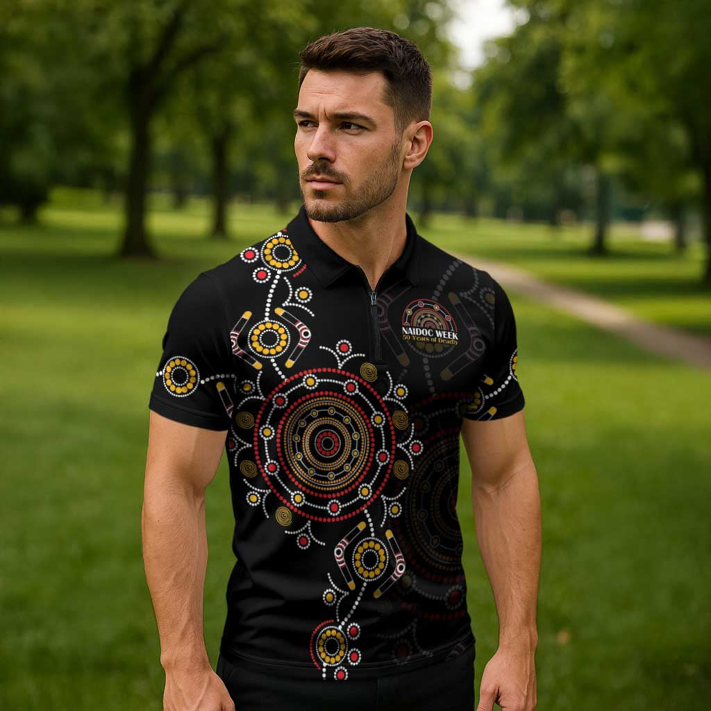NAIDOC Deadly 50 Years Zipper Polo Shirt Aboriginal Black Gold Boomerang Art