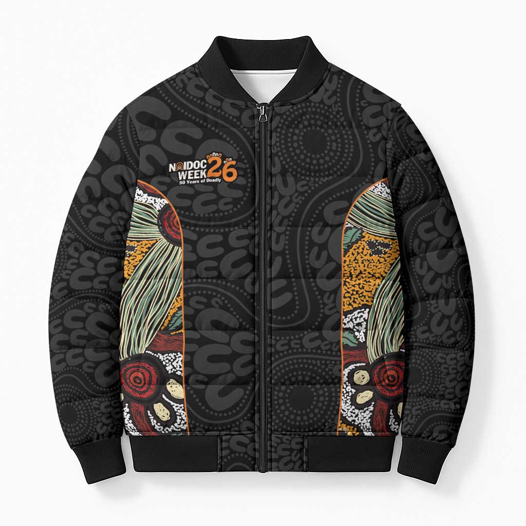Personalised NAIDOC Deadly 50 Years Bomber Puffer Jacket Minimalist Aboriginal Art