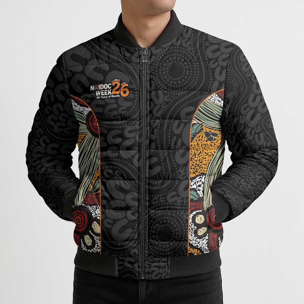 Personalised NAIDOC Deadly 50 Years Bomber Puffer Jacket Minimalist Aboriginal Art