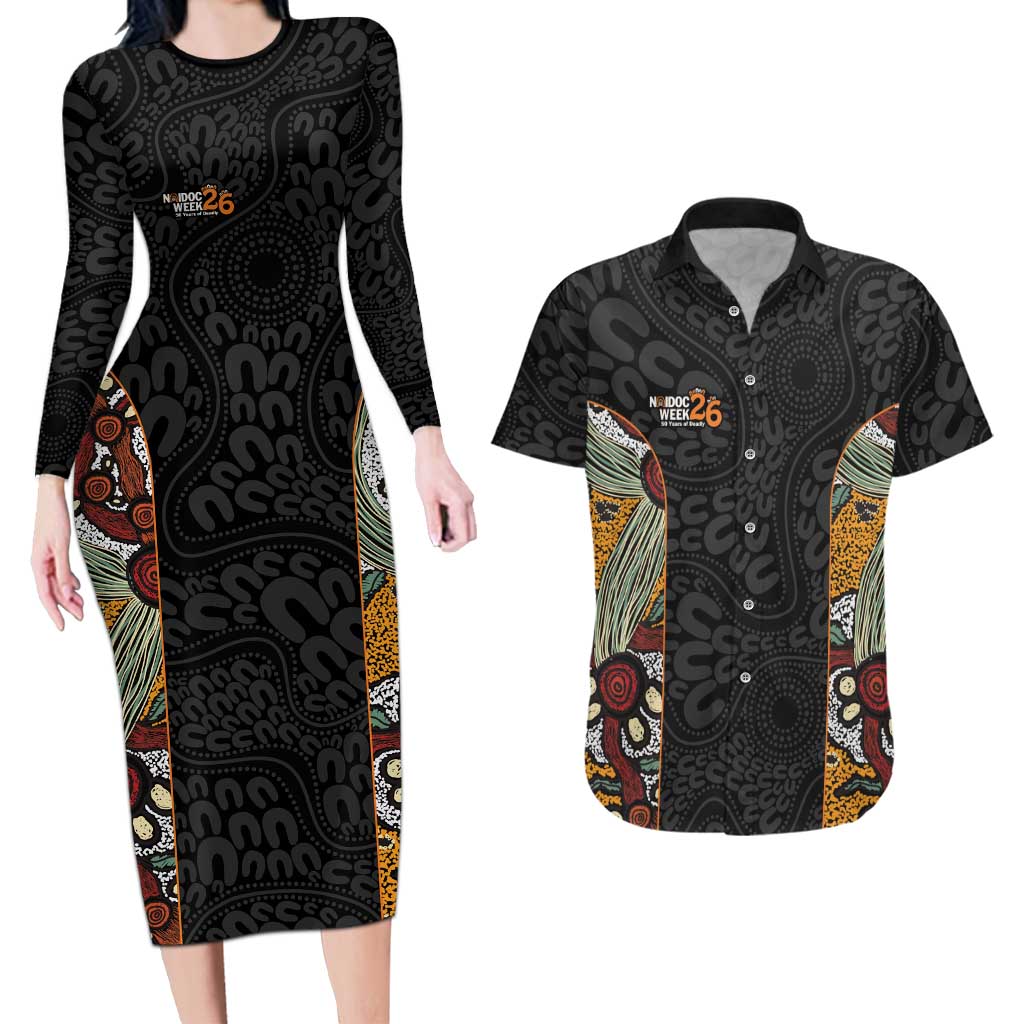 Personalised NAIDOC Deadly 50 Years Couples Matching Long Sleeve Bodycon Dress and Hawaiian Shirt Minimalist Aboriginal Art