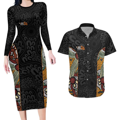 Personalised NAIDOC Deadly 50 Years Couples Matching Long Sleeve Bodycon Dress and Hawaiian Shirt Minimalist Aboriginal Art