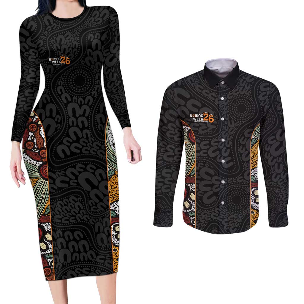 Personalised NAIDOC Deadly 50 Years Couples Matching Long Sleeve Bodycon Dress and Long Sleeve Button Shirt Minimalist Aboriginal Art