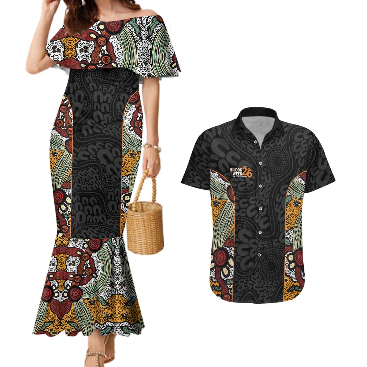 Personalised NAIDOC Deadly 50 Years Couples Matching Mermaid Dress and Hawaiian Shirt Minimalist Aboriginal Art