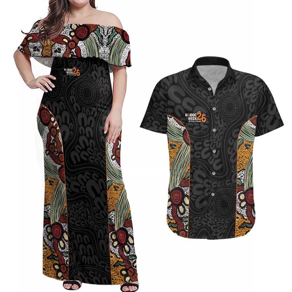 Personalised NAIDOC Deadly 50 Years Couples Matching Off Shoulder Maxi Dress and Hawaiian Shirt Minimalist Aboriginal Art