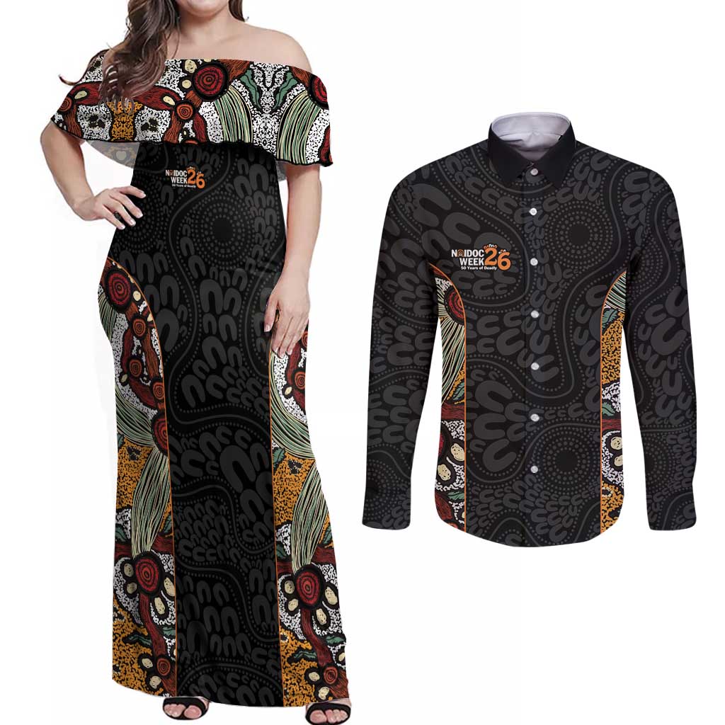 Personalised NAIDOC Deadly 50 Years Couples Matching Off Shoulder Maxi Dress and Long Sleeve Button Shirt Minimalist Aboriginal Art