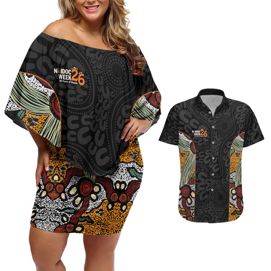 Personalised NAIDOC Deadly 50 Years Couples Matching Off Shoulder Short Dress and Hawaiian Shirt Minimalist Aboriginal Art